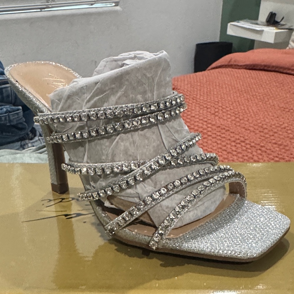 Thalia Sodi Glittering Silver Strappy Heels